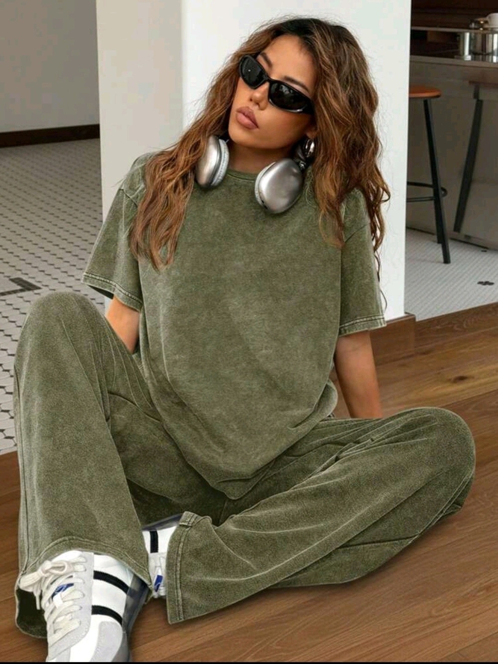 SHEIN Olive Green Wide-Leg Pants and Tee Set